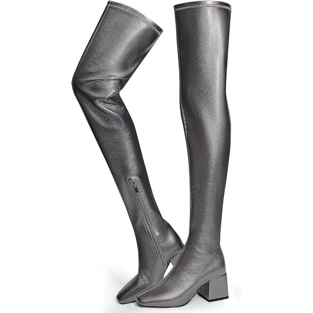 Women Grey Polyurethane Over the Knee Square Toe Block Heel Long Zipper Boots